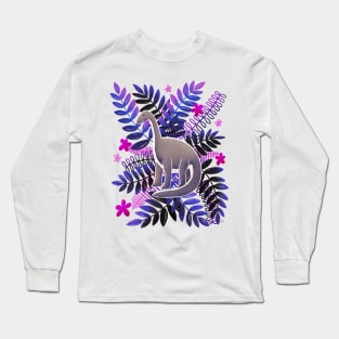 Dinosaur & Leaves - Neon Pink and Purple Long Sleeve T-Shirt